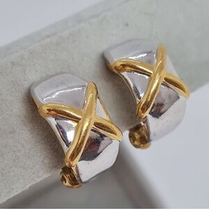 Two tone half hoop clip earrings vintage Gloss silver and gold tone huggie hoops
